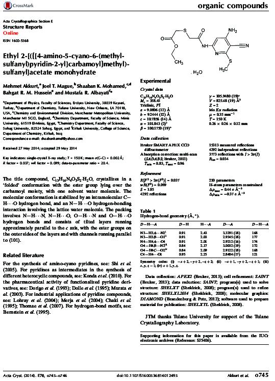 Ethyl 2-[({[4-amino-5-cyano-6-(methylsulfanyl)pyridin-2-yl]carbamoyl}methyl) sulfanyl]acetate monohydrate